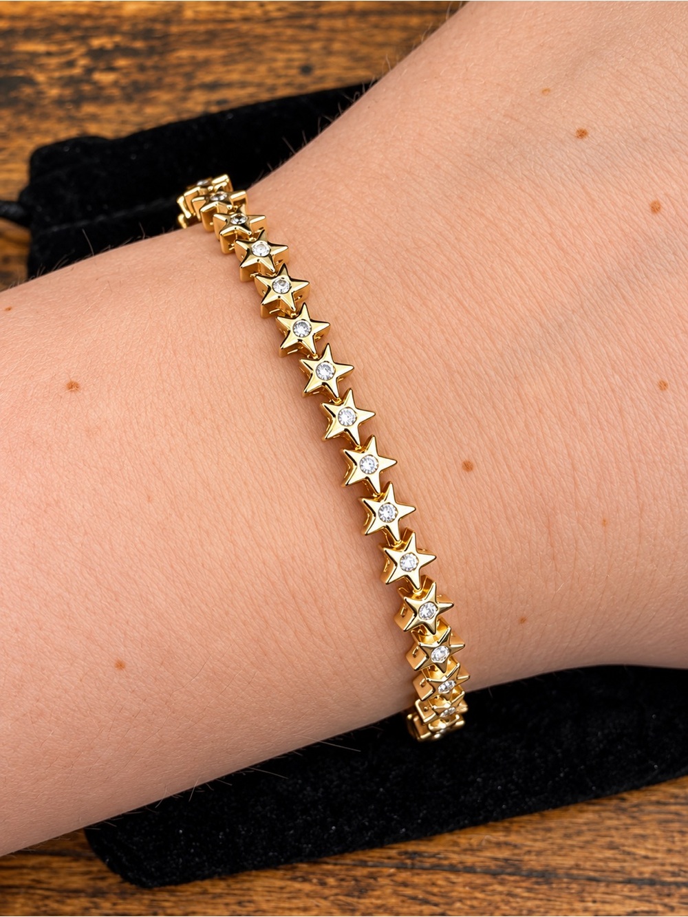 Gold Star Link Bracelet with CZ Accents - Women Jewelry